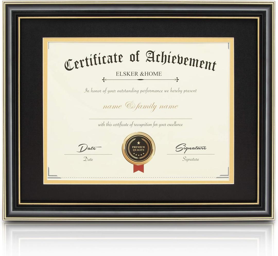 ELSKER&HOME 8.5 x 11 Diploma Frame with Mat,High Gloss Black Wood Color Frame,Made for 8.5x11 Inch Certificate/Award Frame with Mat or 11x14 Degree/Document Frame Without Mat (Black with Golden Rim)