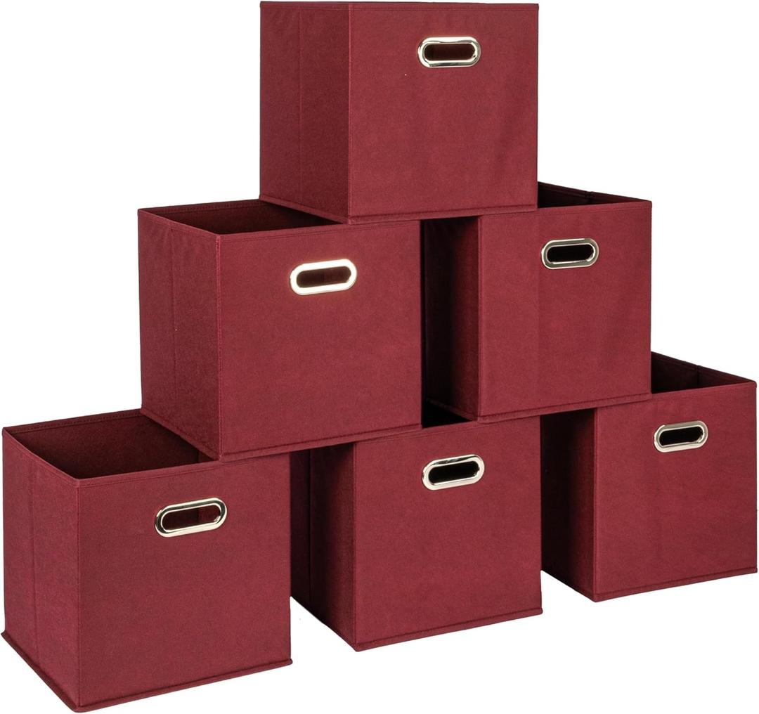Household Essentials Foldable Fabric Storage Cubes 6-Pack  11x11x11 Stackable Non-Woven Bins with Chipboard Sides & Grommet Handles  Closet, Shelf, Nursery, or Office Organizer  Burgundy