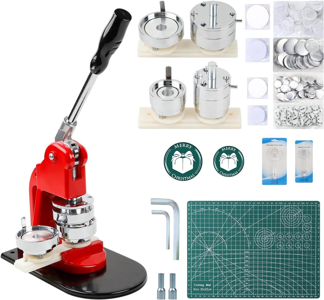 Happizza Button Maker Machine - Multiple Sizes, Button Pin Maker 1.25+2.25 inch, Interchangeable Button-models Badge Button Press Machine with 200 Sets Button Maker Supplies &Circle Cutter&Cutting Mat, 32+58mm Button Maker Kit-200 Sets