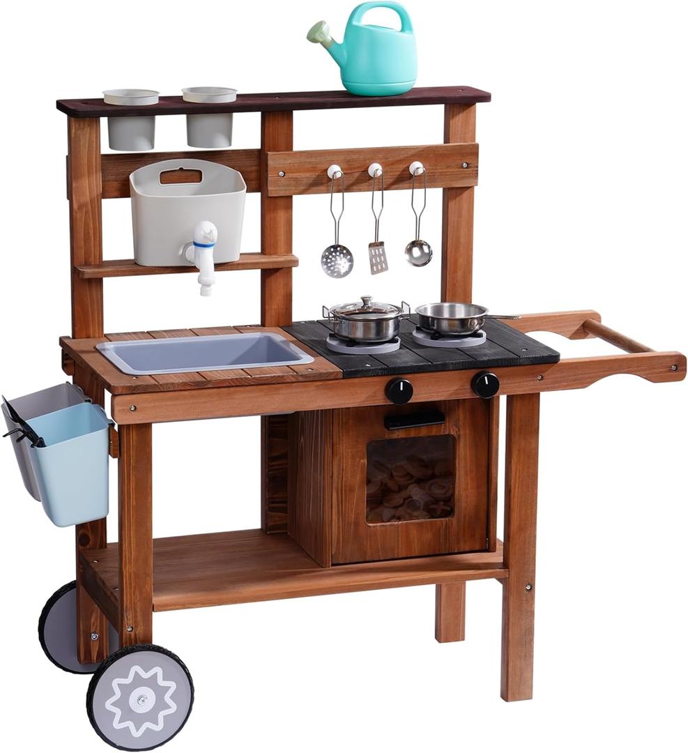 ROBOTIME Mud Kitchen for Kids Outdoor with Wheels, Fun Wooden Kid Kitchen Playset for Backyard Pretend Cooking, Outdoor Sink & Storage, Role Play Toy for Boys and Girls Ages 3+