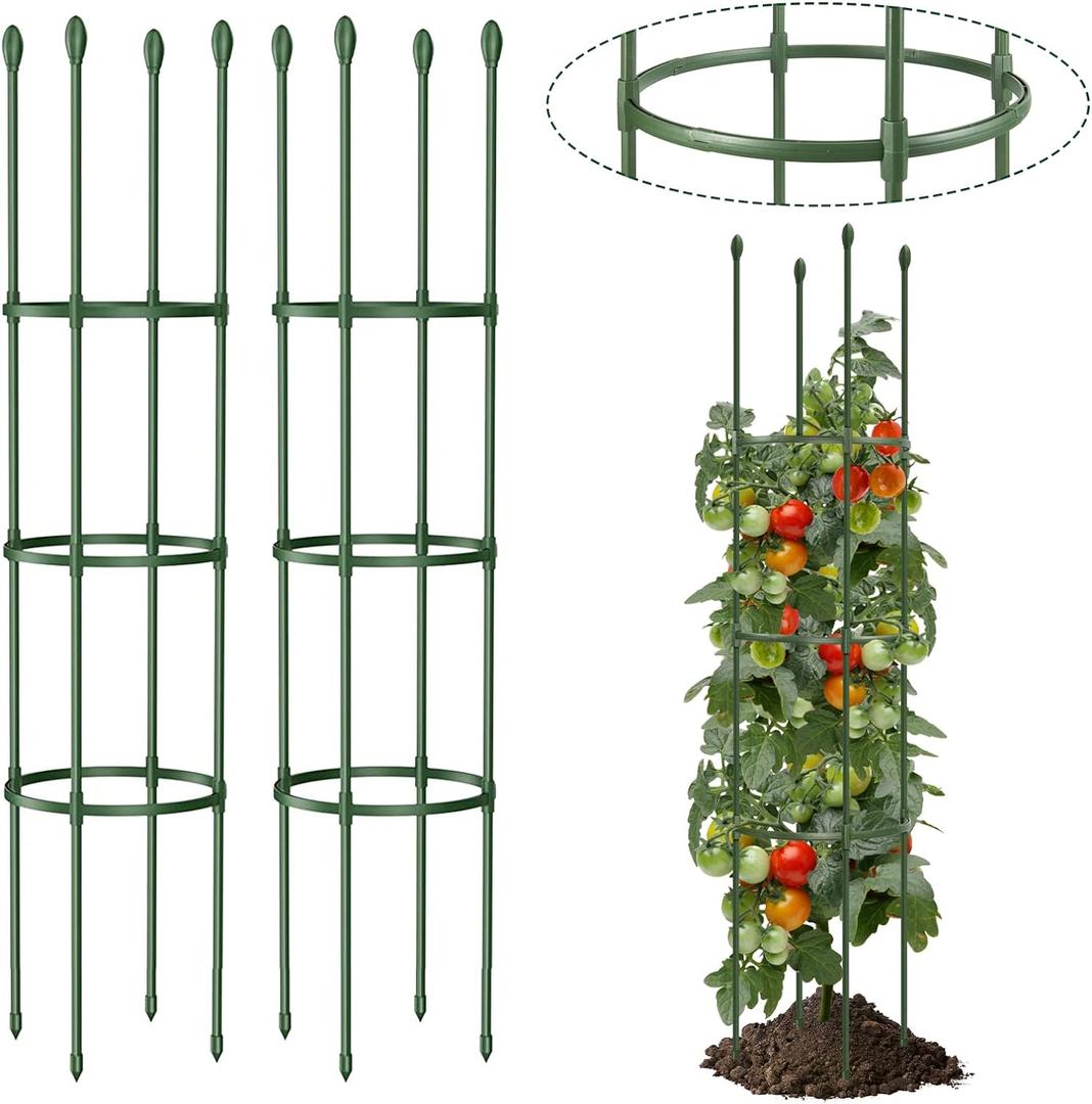 Round Heavy Duty Tomato Cage - 55 Inch Steel Core Plastic Coated Garden Trellis, 4-Post Rustproof Plant Support for Tomato/Cucumber/Beans, No Tools Snap Assembly