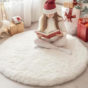 Xexsin Round Fluffy Rugs 4Ft for Girls Bedroom, Cream White Shag Circle Kids Rug Non-Slip for Bedside Dorm Nursery Playroom, Soft Cute Area Rugs for Living Room Decor