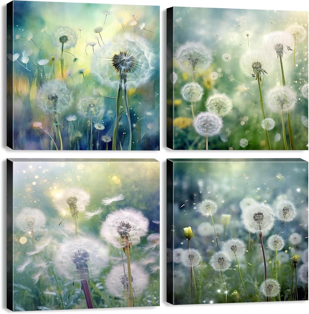 Teal Nature Dandelion Wall Art Bathroom Decor Colorful Modern Botanical Canvas Prints for Living Room Watercolor Dandelion Picture Country Flower Painting Bedroom Kitchen Home Decorations 20x20" 4 Pcs