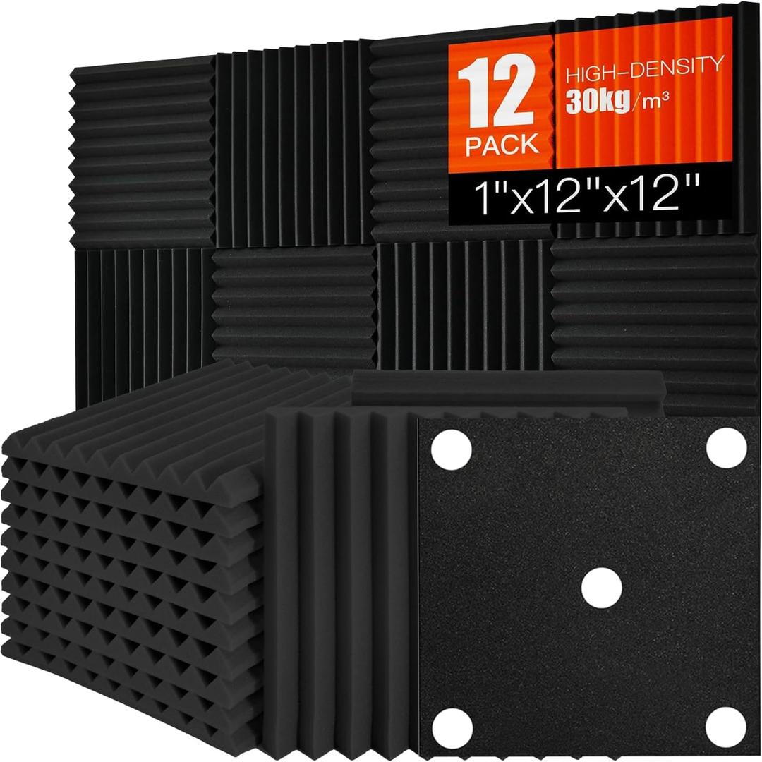 Acoustic Foam Panels 12 Pack 1" x 12"x 12" High Density Soundproofing Sound Proof Foam Panels for Wall Noise Absorbing Panel and Sound-Damping Black Wedges