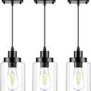 Industrial Pendant Lighting, Modern Clear Glass Shade Farmhouse Adjustable Hanging Light Fixtures for Kitchen Island Living Room Bedroom Hallway, 3-Pack (Black)