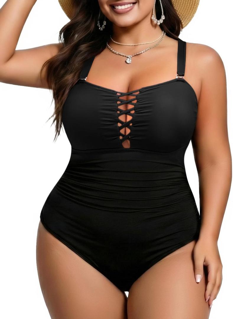 Yonique Women Plus Size One Piece Swimsuits Tummy Control Bathing Suits Vintage Swimwear (Black), Size: 14 Plus