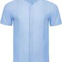 JEKAOYI Mens Casual Linen Button Down Short Sleeve Shirts Beach Summer Spread Collar Pocket Tops (Blue, L)