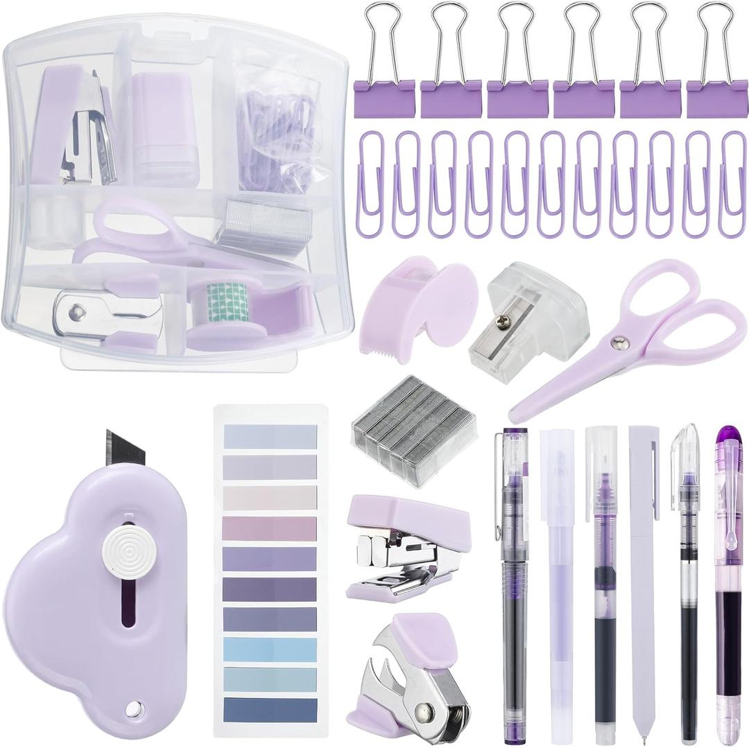 Colarr Mini Office Supply Kit Includes Stapler Tape Dispenser Staple Remover Paper Clips Scissor Staples Pen Sharpener Note Small Telescopic Knife for Office and School Clerk Student (Purple)