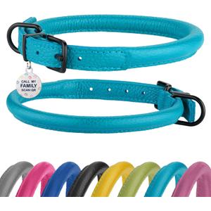 Rolled Leather Dog Collar Soft Round Collars, ID Tag for Small Medium Large Dogs (9-12 inch, Aqua Blue)