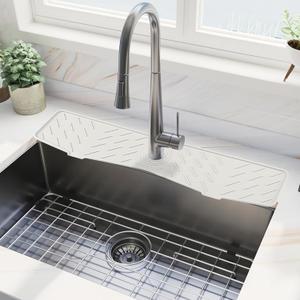 Meiliweser Faucet Mat for Kitchen Sink  24 x 5.1 Extra-Long Silicone Splash Guard with 10 Slope & Upgraded Drainage  Gen 3 Sink Water Catcher & Sponge Holder for Kitchen, Bathroom (White)