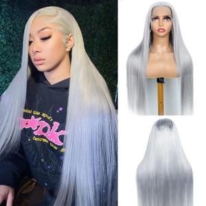 Belaved 16 Inch Grey Lace Front Wigs Human Hair 13x6 Straight HD Transparent Lace Frontal Real Human Hair Wig 180% Density Silver Gray Glueless Colored for Women Pre Plucked Natural Hairline