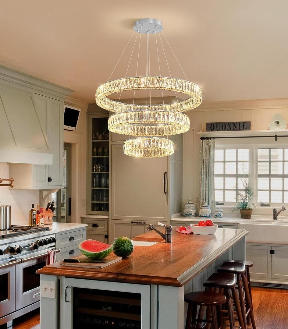 Modern Glam Chandelier Crystal LED Remote Rings Chandelier Adjustable Hanging Ceilings Pendant Lights Fixture Silver 8"+16"+24" Rings Lighting