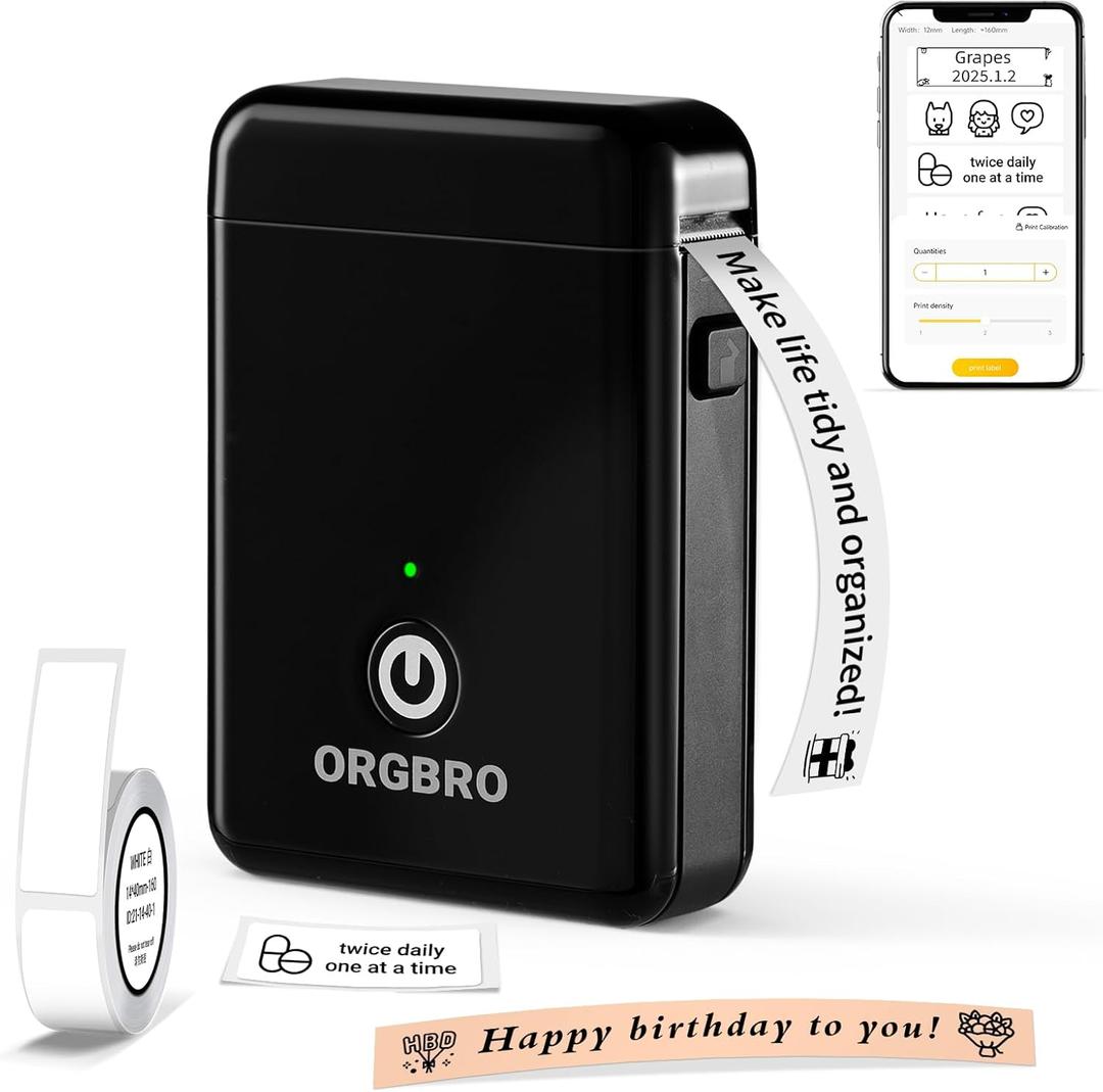 ORGBRO Label Maker Machine with Tape, X1 Portable Bluetooth Mini Label Printer, Support Pre-Cut & Continuous Label, Wireless Small Label Makers with Versatile App for School Home Office Organization (Black)