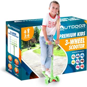 Outdoor Cruiser 3-Wheel Kids Scooter  With Lean-To-Steer technology, Wide Deck, LED Lighted Wheel, 4-Level Adjustable Height T-Bar Handle, Support Kids Up To 150 lbs, For Boys & Girls Ages 3-8, Green