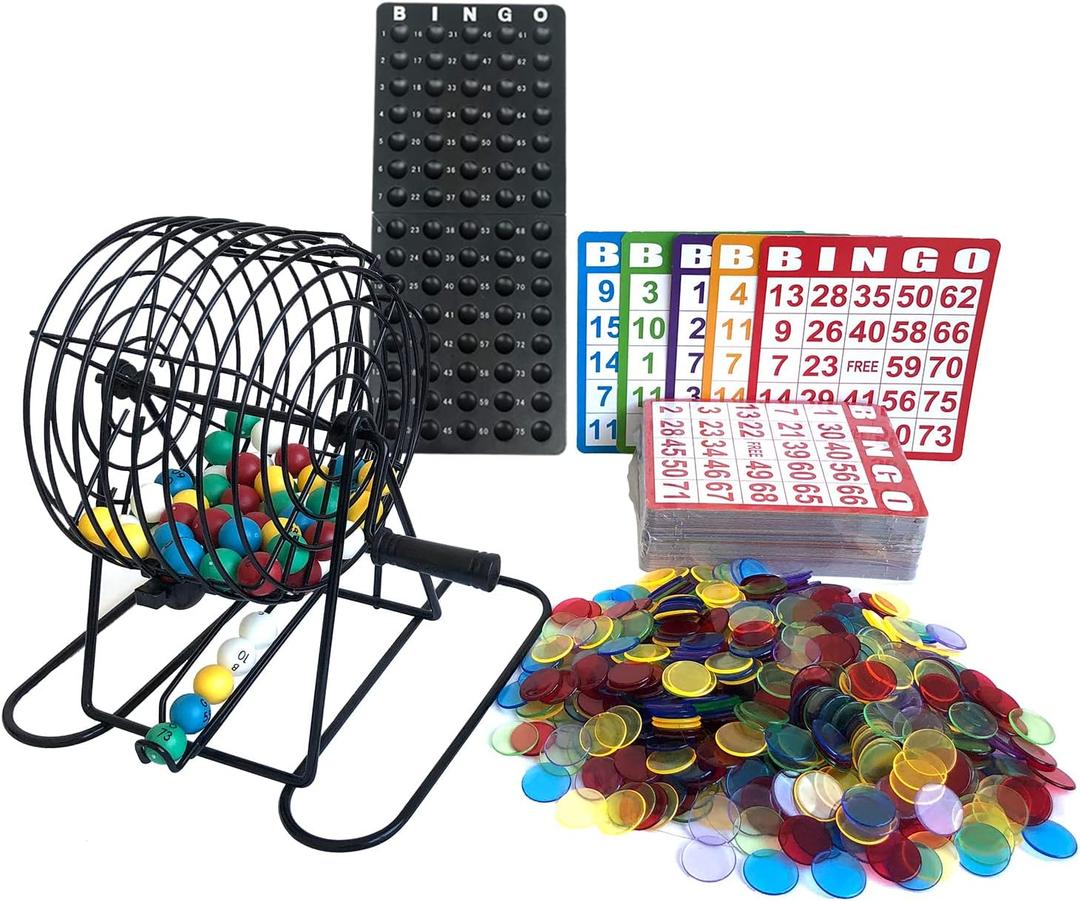 Yuanhe Deluxe Bingo Game Set-Includes Metal Cage,500 Colorful Bingo Chips,100 Bingo Cards,75 Colored Balls,Plastic Masterboard,Great for Large Groups,Parties