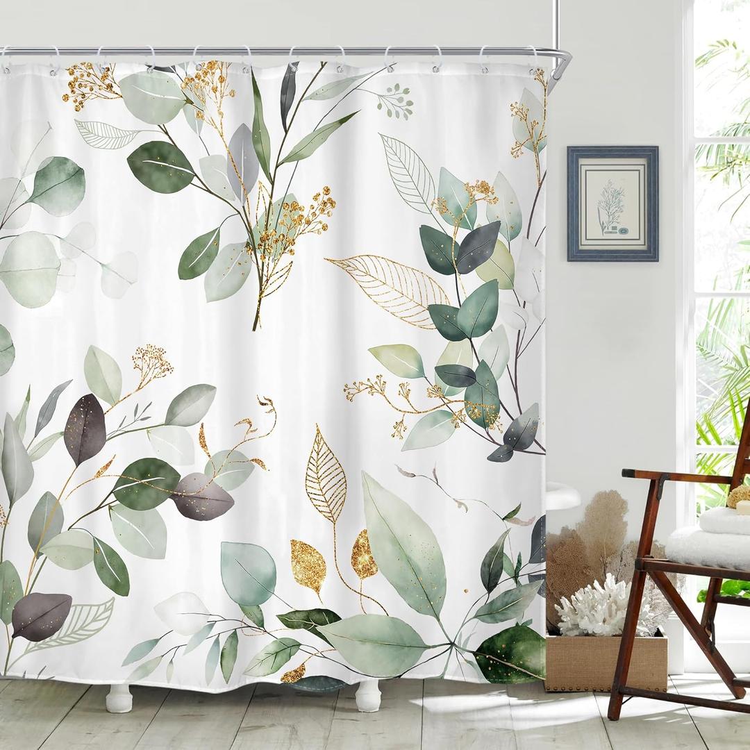 Riyidecor Spring Sage Green Shower Curtain 72Wx72H, Botanical Eucalyptus Leaf Light Green Gold Bathroom Curtain, Watercolor Plants Earthy Shower Curtain Sets with 12 Pack Hooks Ideal for Bathroom