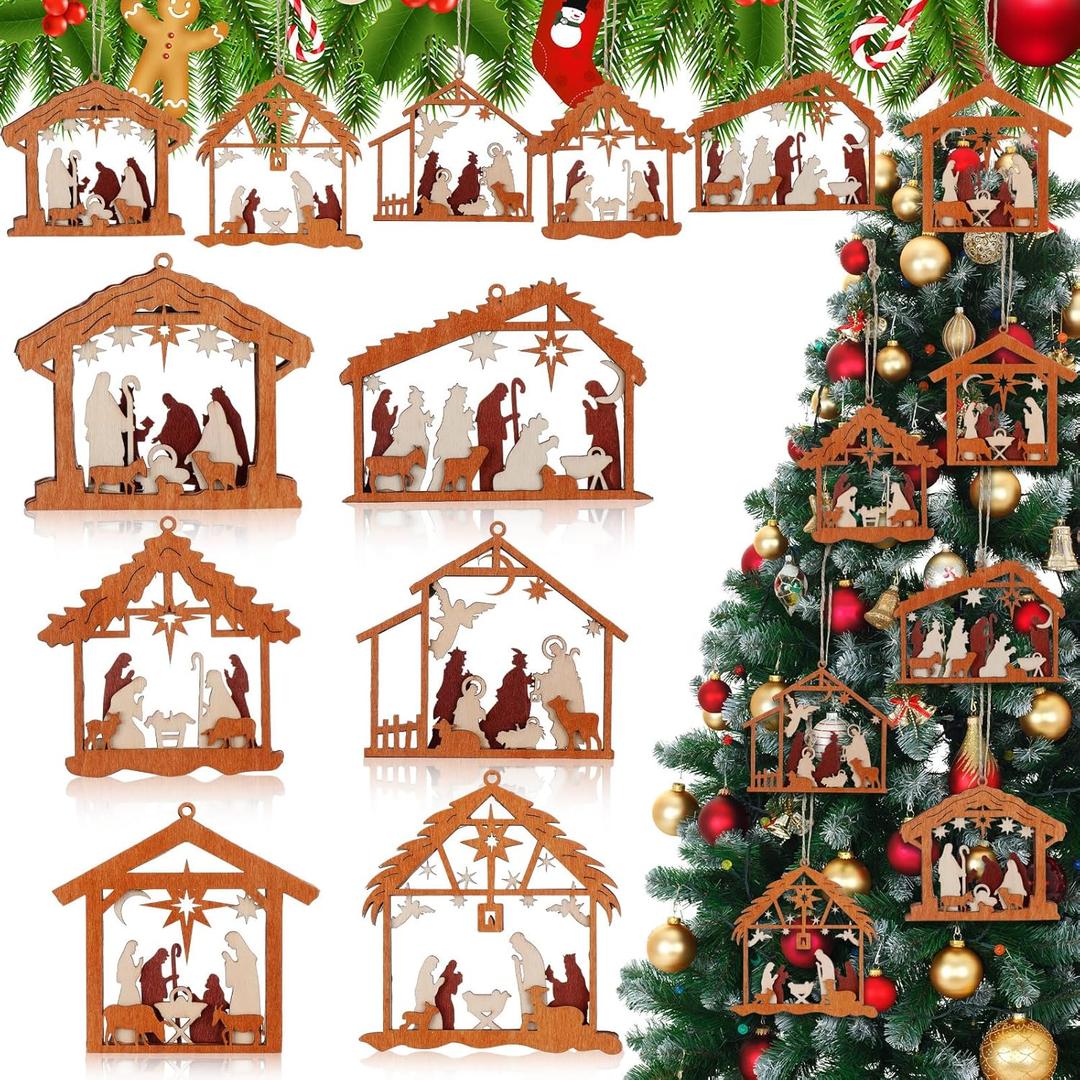 Bucherry 6 Pcs Wooden Christmas Nativity Scene Ornaments Bulk, 2025 Christian Religious Jesus Ornaments for Christmas Tree Nativity Scene Gifts, The Birth of Jesus Decoration(House)