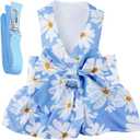 Dog Dress Bowknot Harness Leash Set for Dogs Blue Daisy Floral Dog Cat Clothes Cute Puppy Outfits Pet Clothes Spring Summer Breathable Dresses, XXS