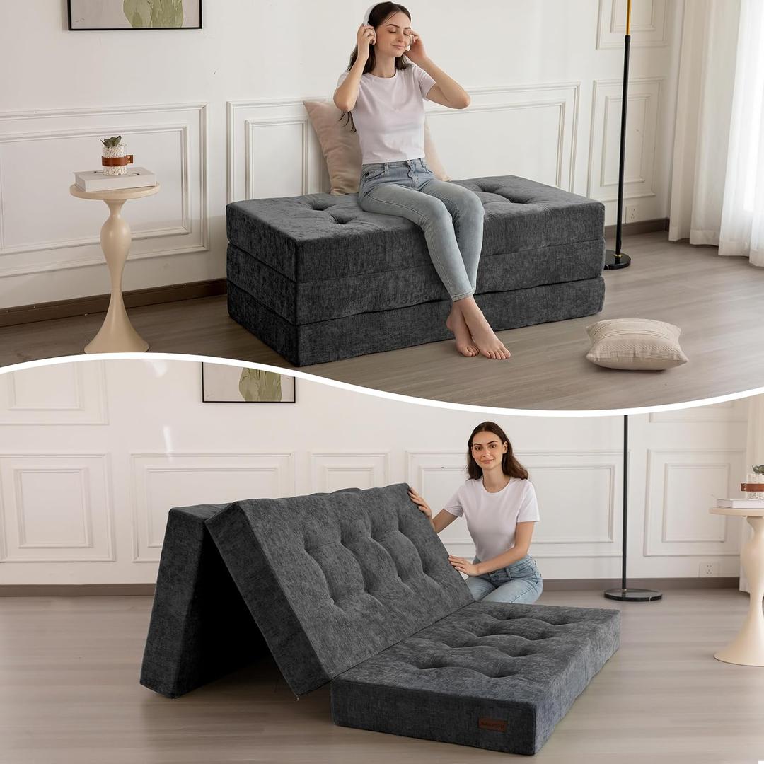 MAXYOYO 6" Folding Sofa Bed for Floor, Tufted Tri-Fold Floor Mattress with Chenille Fabric, Full Size Portable Sofa Couch Guest Mat for Adults, Foldable Topper for Camping, Dark Grey, 53"x75"