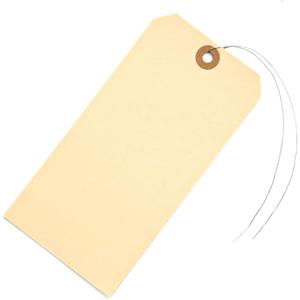 100 Large Manila Paper Tags with Wire Attached # 8, 6 1/4" x 3 1/8" Manilla Shipping Tags with Reinforced Eyelet and Metal Wire, Labels with Ties