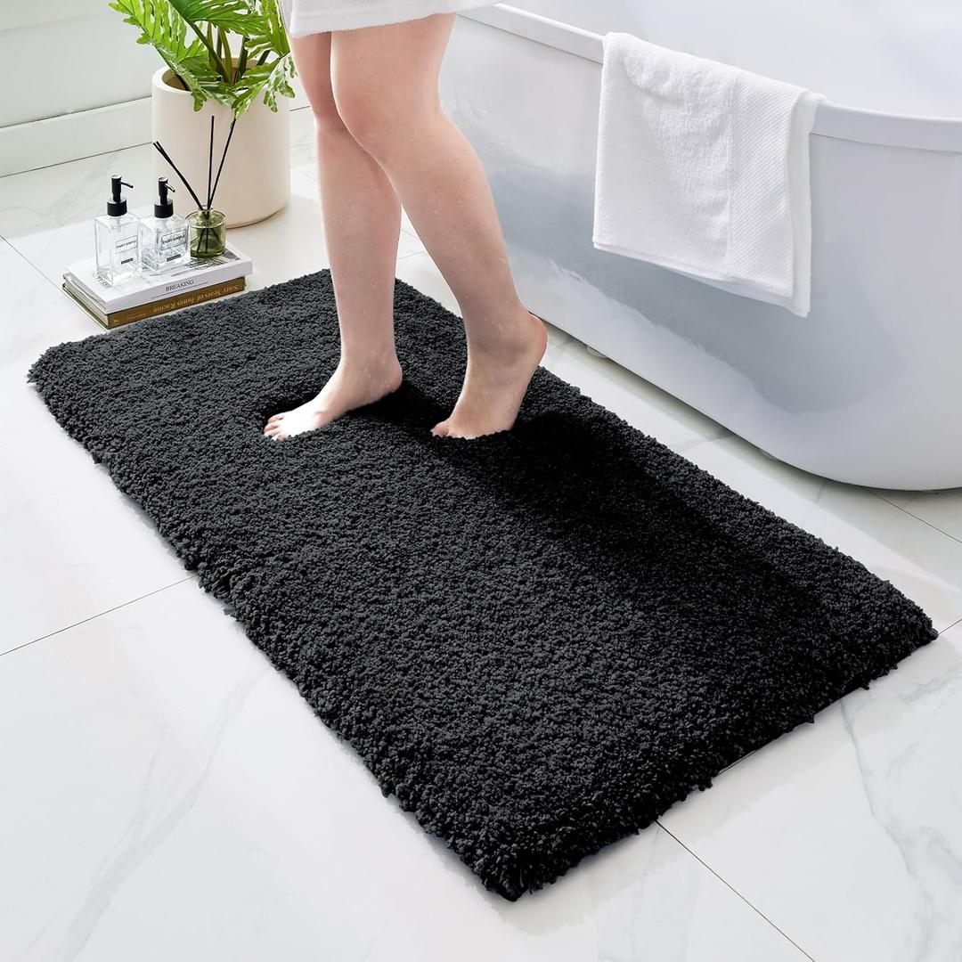 Bathroom Rugs Non Slip Washable 48x24, Ultra Thick Soft Microfiber Absorbent Bath Mats, High Density Foam Latex Non Slip Backing Bath Rugs, Fluffy Floor Carpet for Tub&Shower, Black