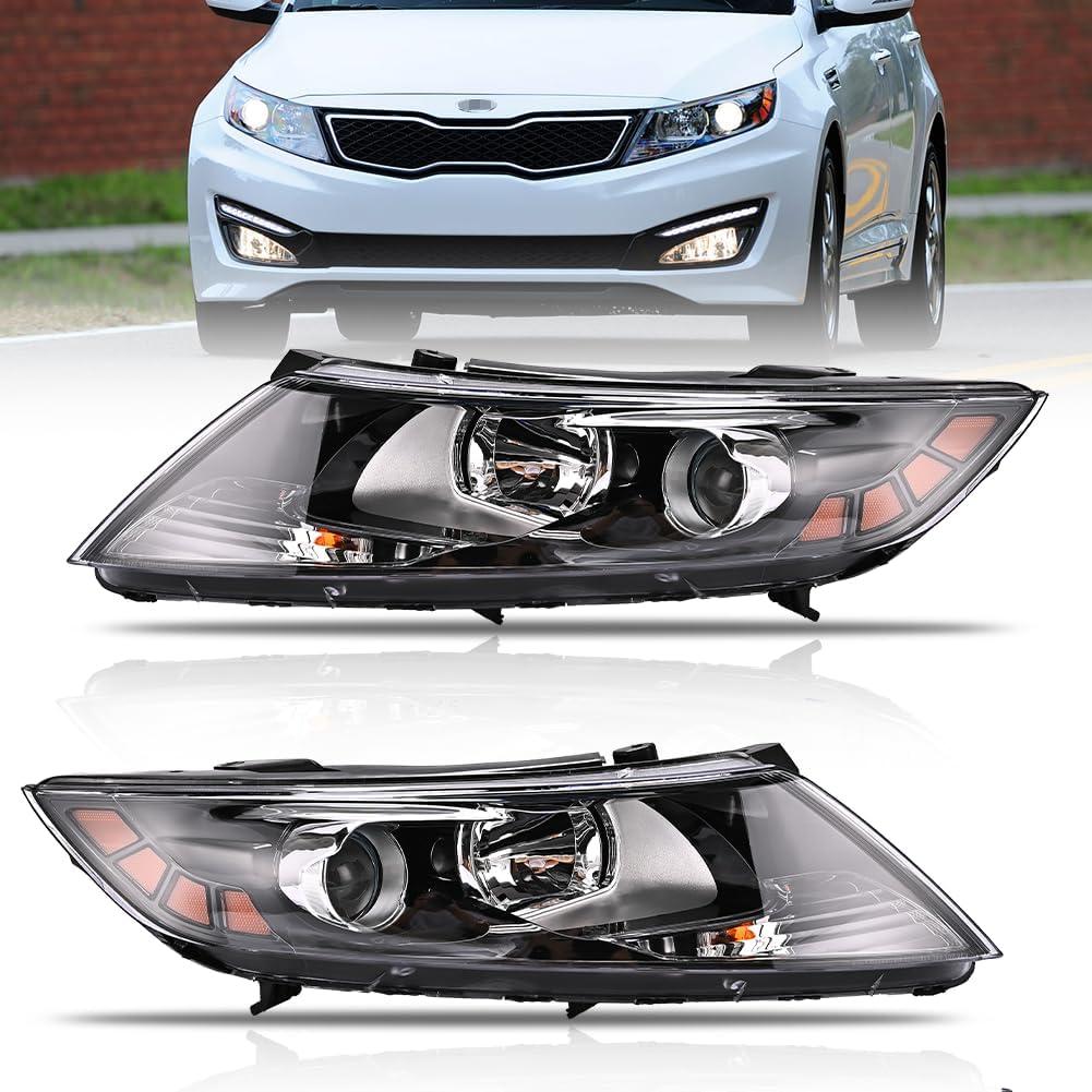 Headlight Assembly for Ki-a Optima 2011-2013, 11-13 Driver & Passenger Side Halogen Headlamp Assembly With Bulbs Clear Lens Black Housing Amber Reflector, (ALL Bulbs Included) 1 Pair