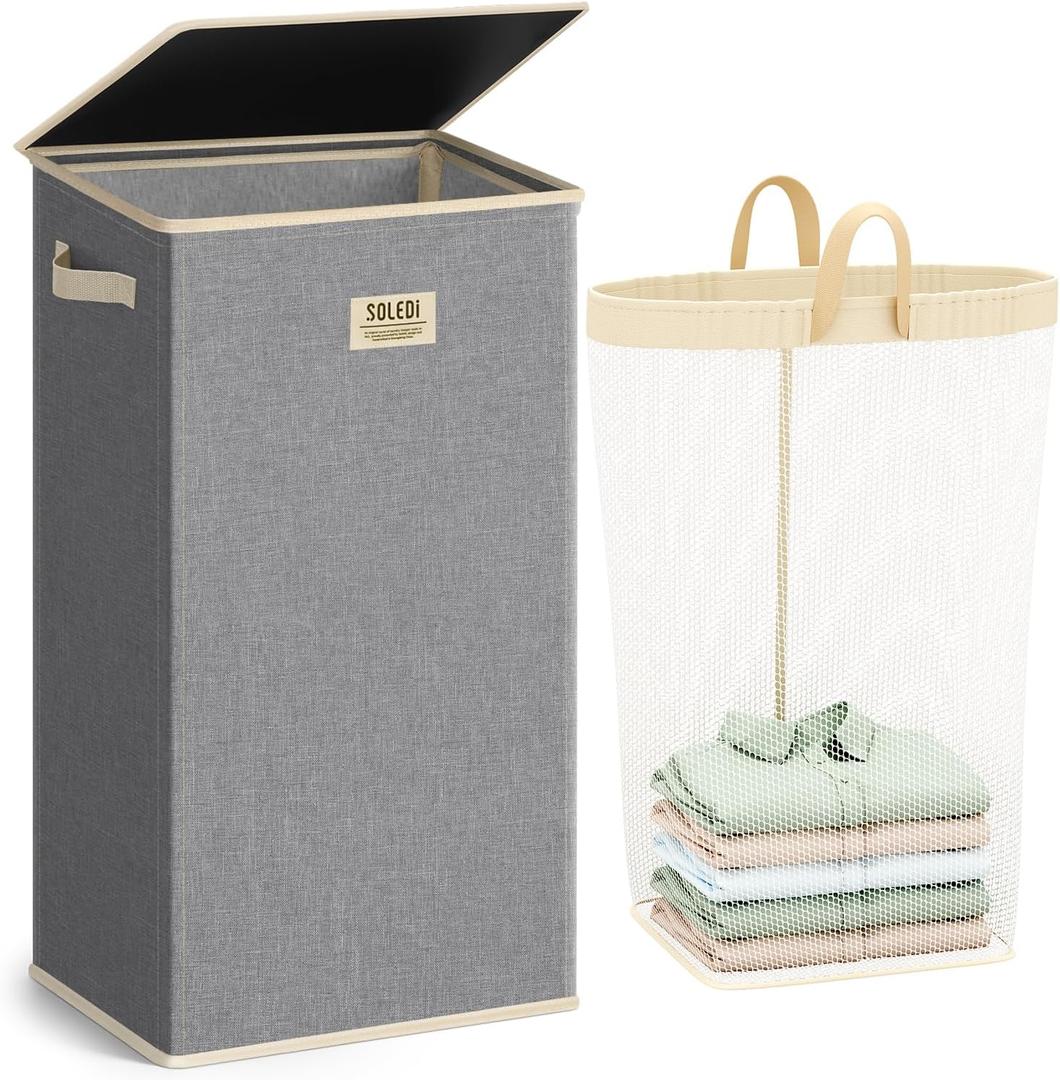 SOLEDI Laundry Hamper with Lid 100L Large & Tall Collapsible Laundry Basket, Clothes Hamper with Bag Removable Easy to Carry, Dirty Hampers for Bedroom, Bathroom, Dorm, College, Light Grey