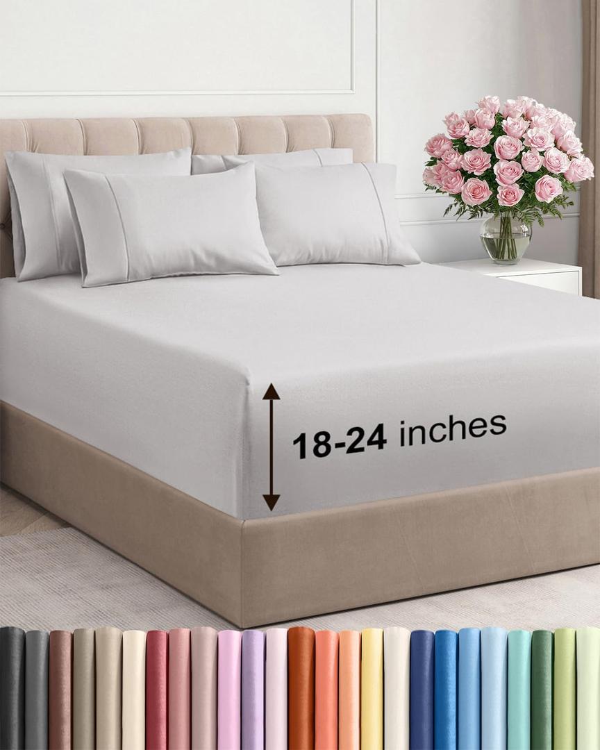 Extra Deep Queen Sheet Set - 6 Piece Breathable and Cooling Sheets - Hotel Luxury Bed Sheets Set - Easy Fit - Soft, Wrinkle Free and Comfy Sheets Set - French Grey Sheet Set with Extra Deep Pockets