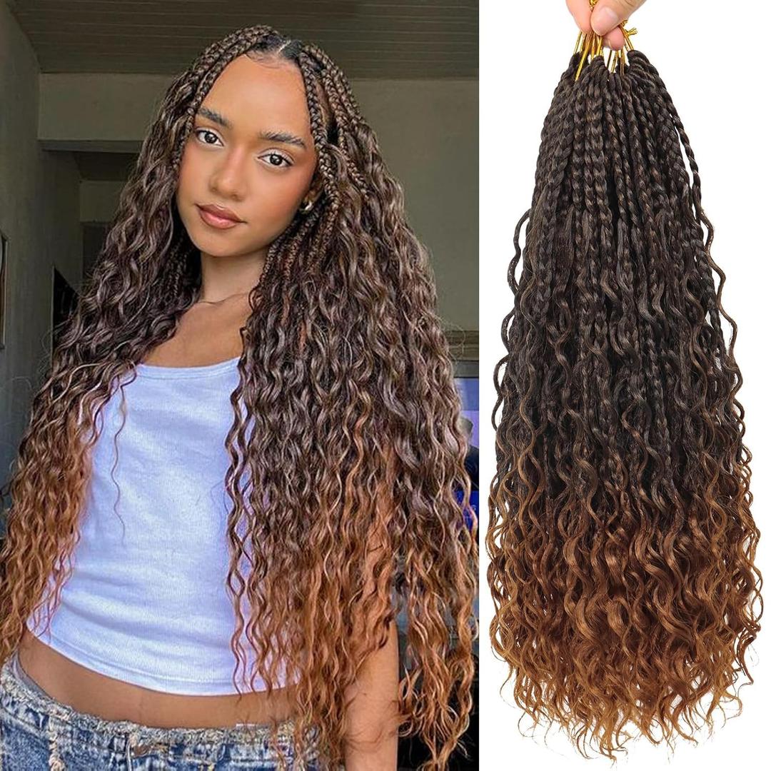 Eeanno Goddess Box Braids Crochet Hair 18 Inch 7 Packs Black Brown Pre Looped Boho Crochet Braids with Curly Ends for Black Women, T1B/30