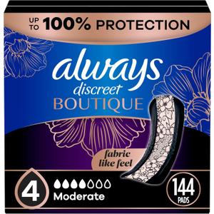 Always Discreet Boutique Incontinence Pads, for Bladder Leaks, Moderate Absorbency, Regular Length, 144 Count (3 Packs of 48)