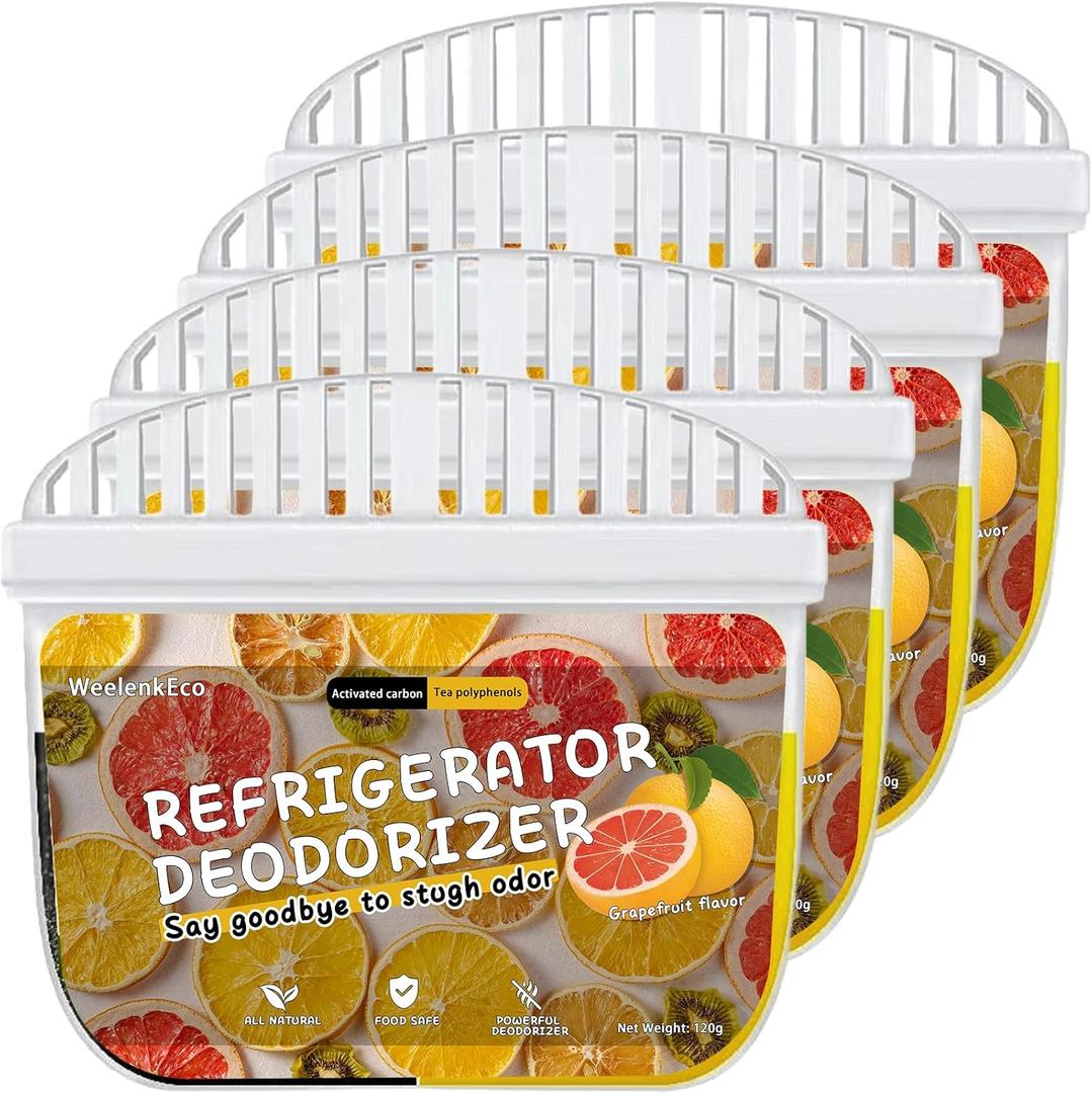 Refrigerator Deodorizer, Newly 2-in-1 Fridge Deodorizer, More Effective Than Baking Soda. Deodorizer Suitable For Refrigerators, Cars & Indoor Spaces, Food-Grade Material, Grapefruit Flavor (4 pcs)