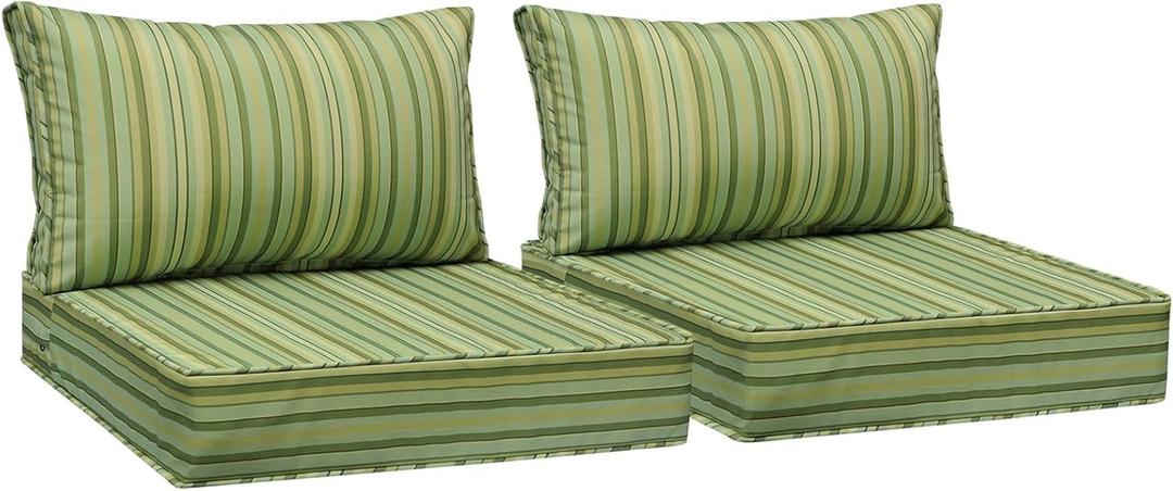 AAAAAcessories Outdoor Chair Cushions, 24 x 24 x 5 + 13.5 in, Set of 2 | Patio Furniture Replacement Seat Cushions, Fade-Resistant, Waterproof, Removable Cover with Ties, Mossy Forest Stripe, 24"x24"x5" / 24"x13.5"