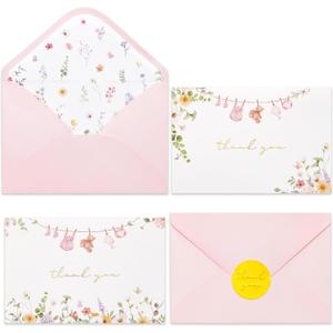 Crisky Baby Shower Thank You Cards with Envelopes & Stickers, 50 Pack Pink Gold Baby Thank You Greeting Cards Bulk for Girl, Watercolor Delicate Wildflower Design