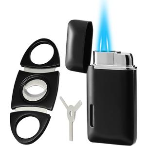 Bbsisgo and Lighter Set, Double Jet Flame Butane Torch Lighter with Adjustment Flame Tools, Refillable Windproof Gas Lighter. Gifts for Men. Black(Sold Without Gas)