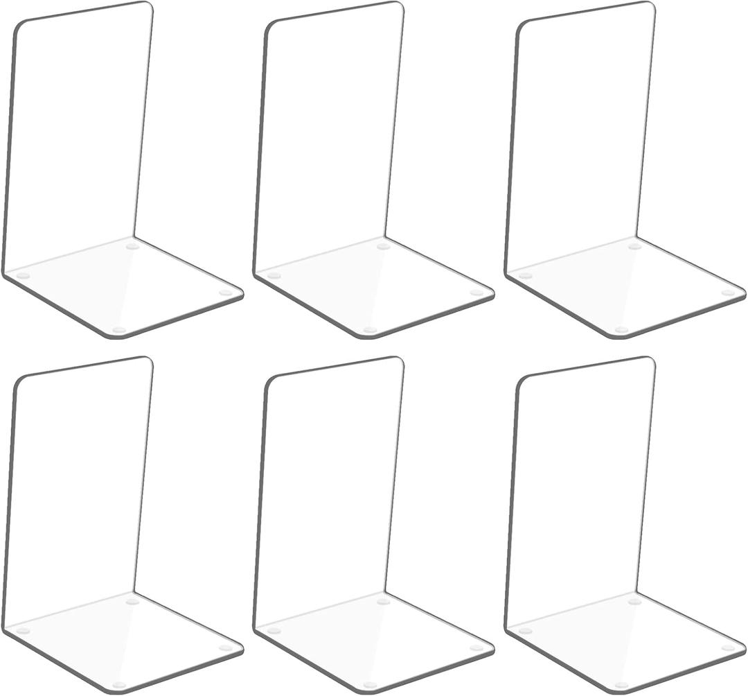 Adwikoso Clear Acrylic Book Ends, 6 Pcs Bookends for Shelves, Non-Slip Book Holder Stand, Decorative Book Stoppers for Heavy Duty Books Office Desktop Organizer