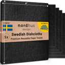 Nordhus Design Large Swedish Dishcloths, 5 Black Cloths, Made in Sweden - 9.5x8 inch Reusable, Washable Cellulose Cotton Kitchen Cloths - Replace Paper Towels, Wipes, Sponges, Dish Rags