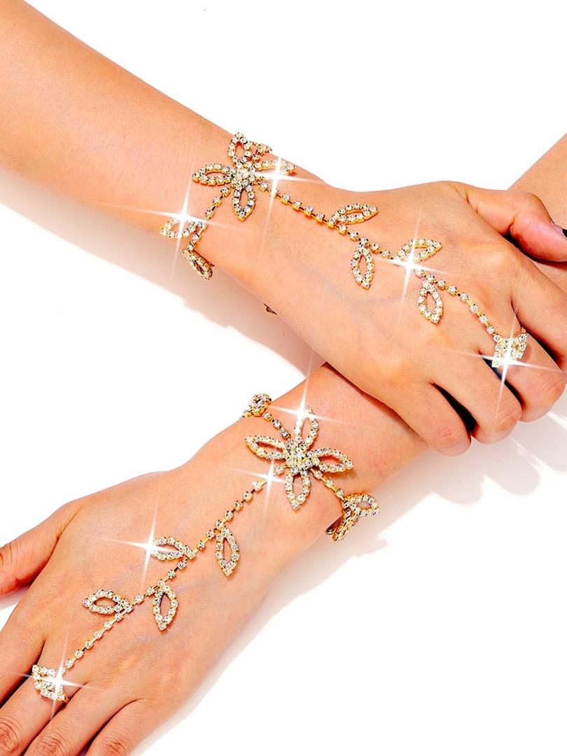 GORTIN Rhinestone Fingerless Gloves Silver Bride Wedding Glove Sparkle Crystal Bridal Hand Chain for Women (Free size, Gold)