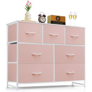 7-Drawer Dresser for Bedroom, Anti-Tip Wide Storage Organizer Fabric Chest of Drawers TV Stand for 45" TV with Wooden Top and Metal Frame for Closet, Living Room, Hallway, Entryway, Pink