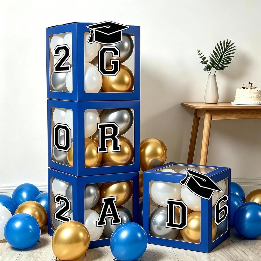 Stackable Graduation Blue Balloon Boxes Class of 2026 4 Pcs Transparent Grad Decorations Foldable So Proud of You Party Supplies for Indoor/Outdoor(NO Balloons)