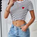 SweatyRocks Women's Heart Striped T Shirt Short Sleeve Shirt Crew Neck Casual Tee Top (White, XS)