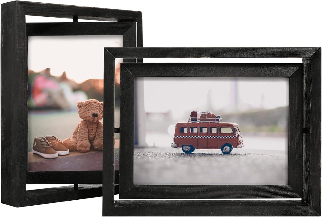 Egofine 2 Pack 5x7 Rotating Floating Picture Frames,Double-Sided Display with HD Glass Front Wooden Distressed Frame for Vertical or Horizontal Tabletop Display, Black