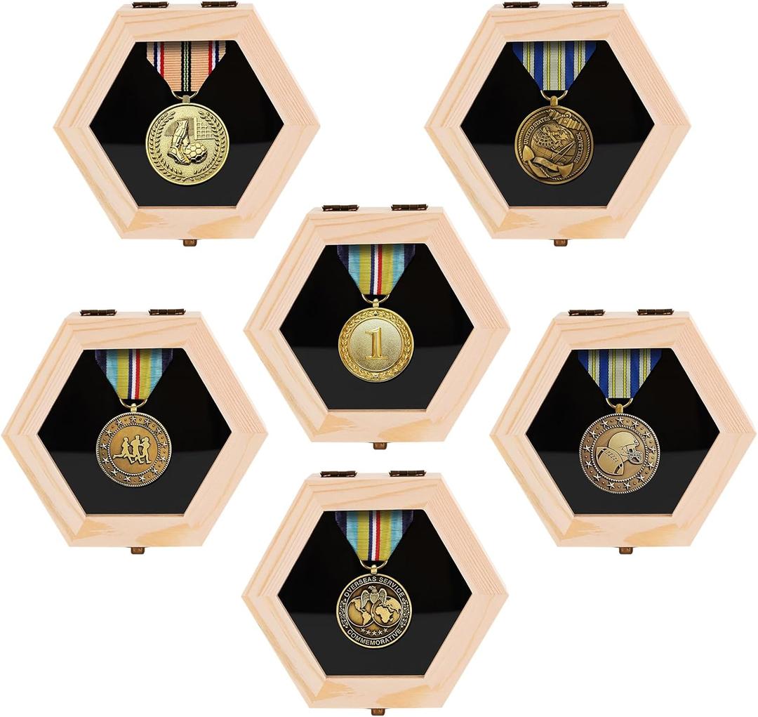 BiJun Wooden Hexagon Medal Hanger Display Case,Shadow Box for Medals Race Medal Display for Sports Medals, Track & Field, Military,Races, Running, Marathons6PC