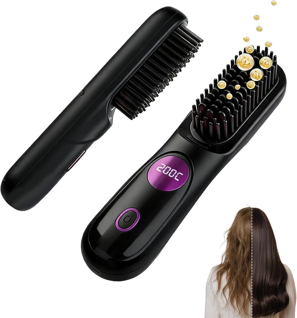 Go Brush Pro, 2026 Upgraded Go Brush Pro, Portable Straightener Brushs for Travel, Cordless Fast Heating Hair Straightener with LCD Temperature Display, Smooth Frizz (Grey Black)