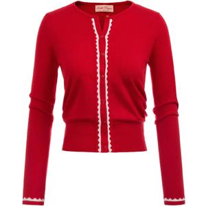 Women's Cardigan Sweater Color Block Long Sleeve Crew Neck Knit Cardigan Trendy Cropped Cardigan Shrug (Large, Red)