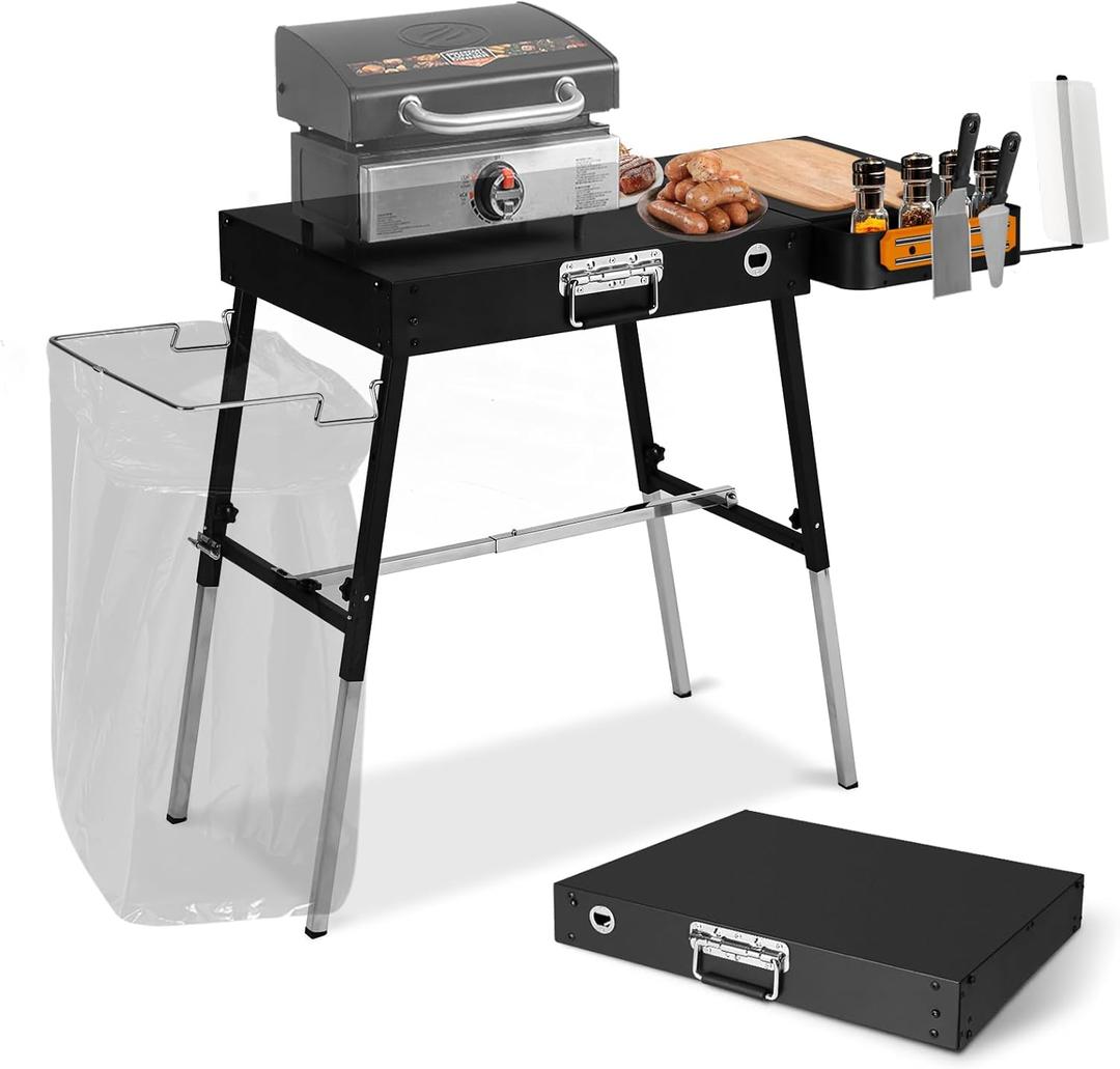 Outdoor Folding Grill Table, Blackstone Griddle Stand Sturdy and Durable, Griddle Accessories with Trash Holder, Camping Table for Blackstone Griddles, Ninja Grill, Pizza Oven ect