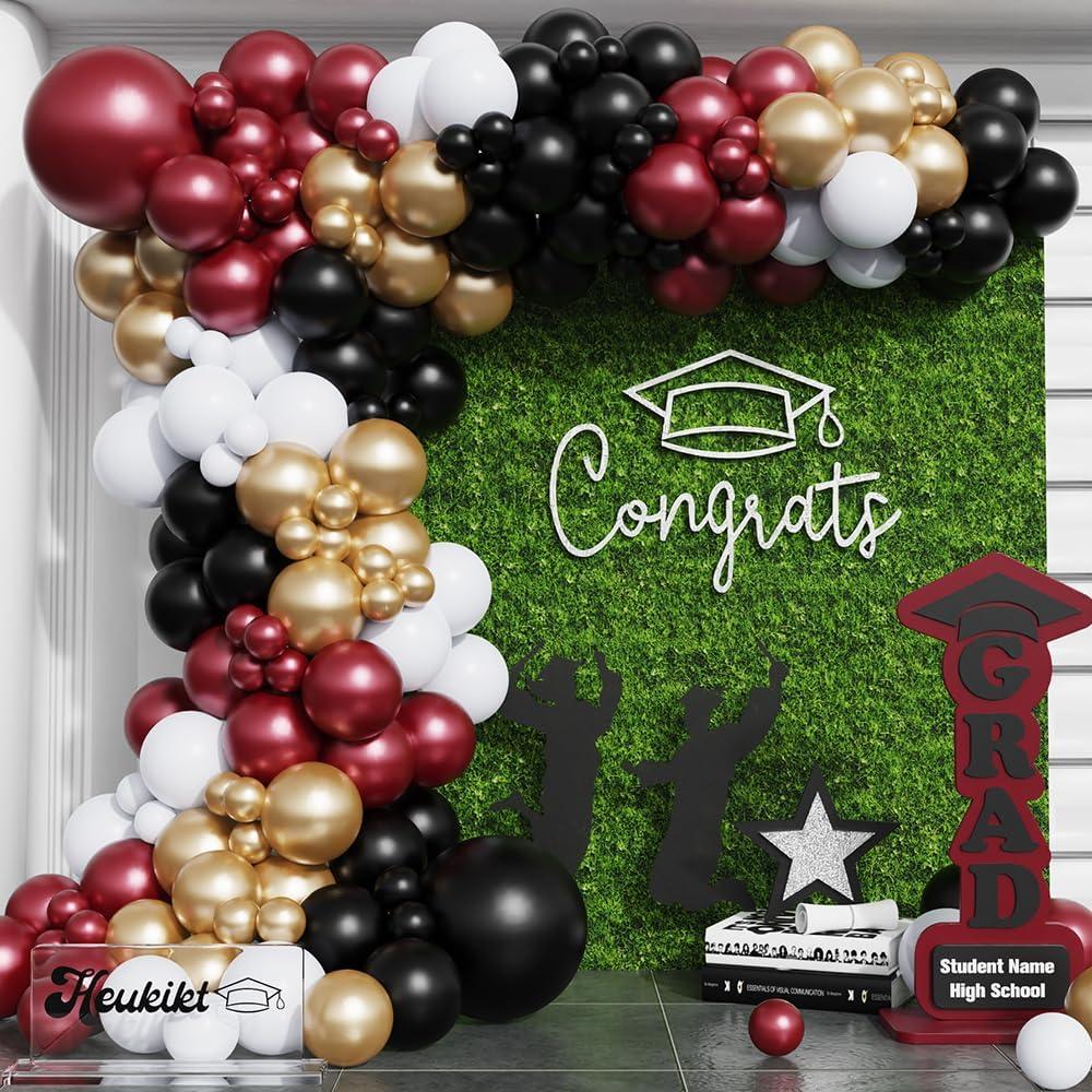 Burgundy Graduation Party Decorations, Maroon Gold Black Balloon Garland Arch for Class of 2025 Graduation Birthday Congrats Grad High School & College Celebrations