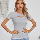 SANDERY Womens Fashion Clothes One Piece Cutout Tops Short Sleeve Ribbed Knit Slim Fitted Shirts Tee Tshirts (Gray, M)