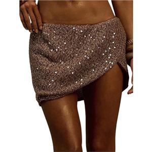 SHENHE Women's Sequin Mini Skirt Sparkly Glitter Night Out Party Asymmetrical Drop Waist Skirts Khaki X-Small