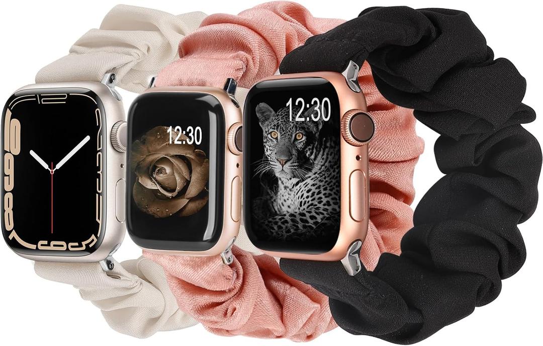 TOYOUTHS 3 PCS Compatible with Apple Watch Band Scrunchies 41mm Cloth Soft Pattern Printed Fabric Bracelet Women IWatch Elastic Bands 38mm 40mm Series SE 10 9 8 7 6 5 4 3 2 1, Black (Starlight/Pink/Black)