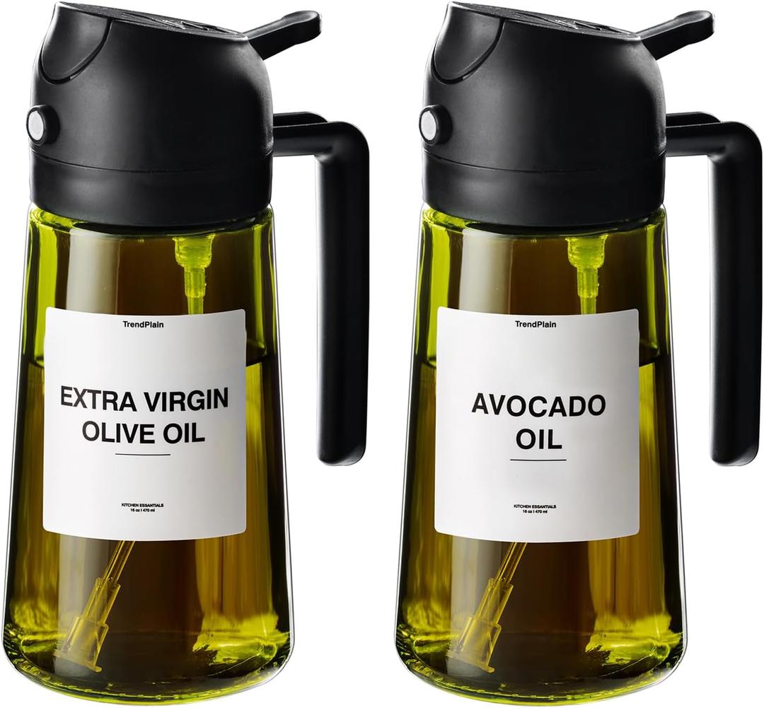 TrendPlain - Original 16oz/470ml Olive Oil Dispenser Bottle for Kitchen Gadgets and Air Fryer Accessories - Olive Oil Sprayer for Cooking w/Stickers - 2 Black